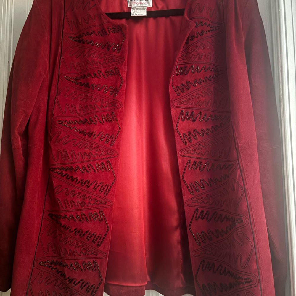 Victor Costa Occassion 100% Leather Beaded Open Front Jacket Size Medium